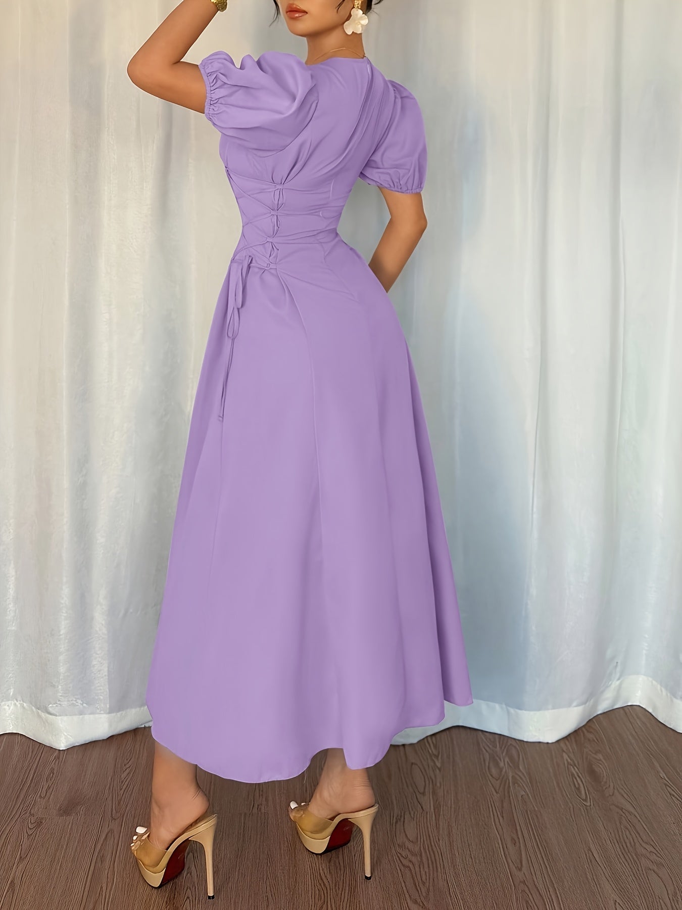 Solid Color Long Dress with Puff Sleeves, Ruffles, and Tie, Suitable for Vacation, Banquet, Party, Formal Wear, and Elegant Dress