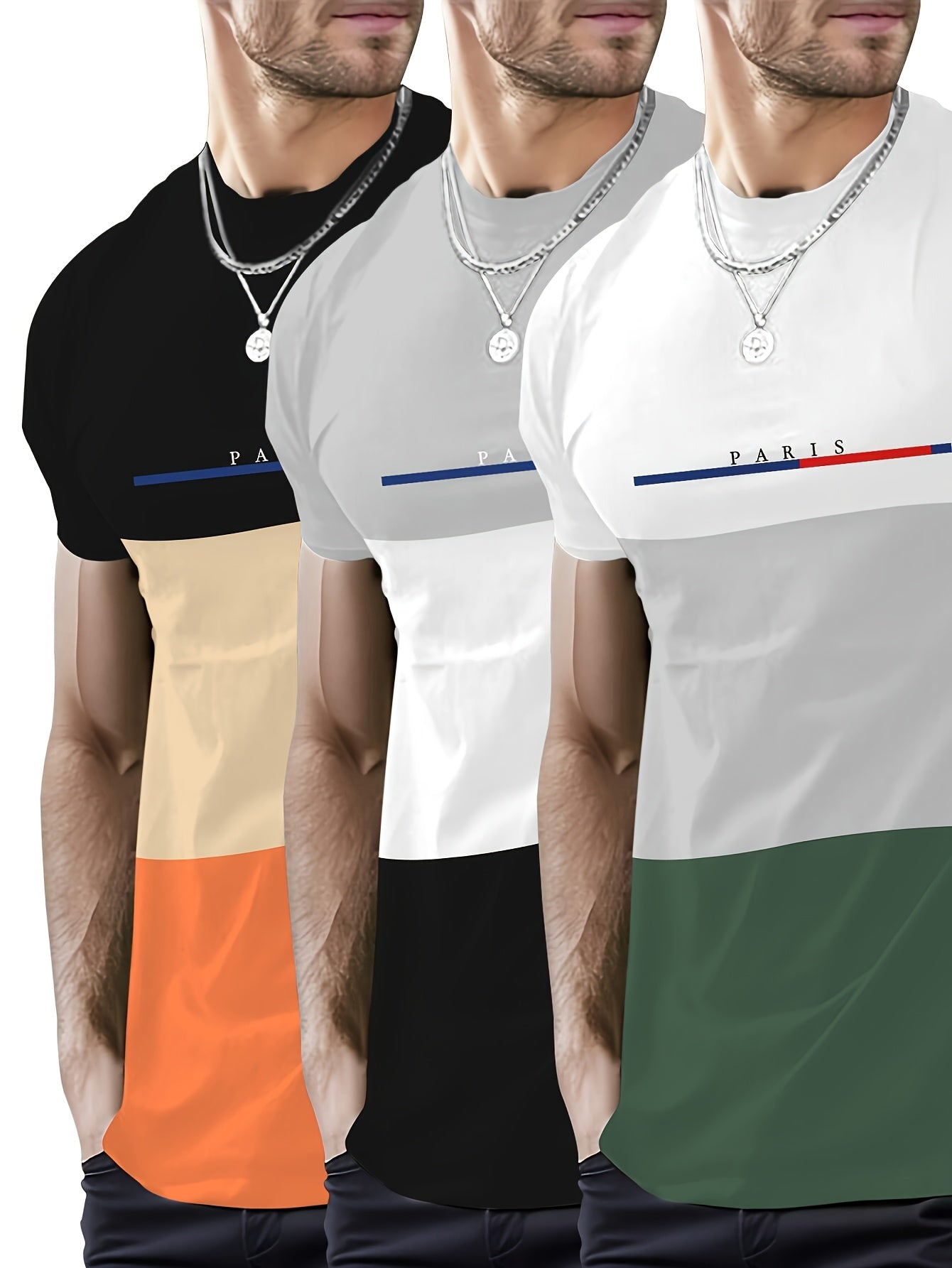 Three-Piece Set: Men's Casual Fashion BROOKLYN, LOS ANGELES Print Drop Shoulder Short Sleeve T-Shirt, Comfortable and Versatile