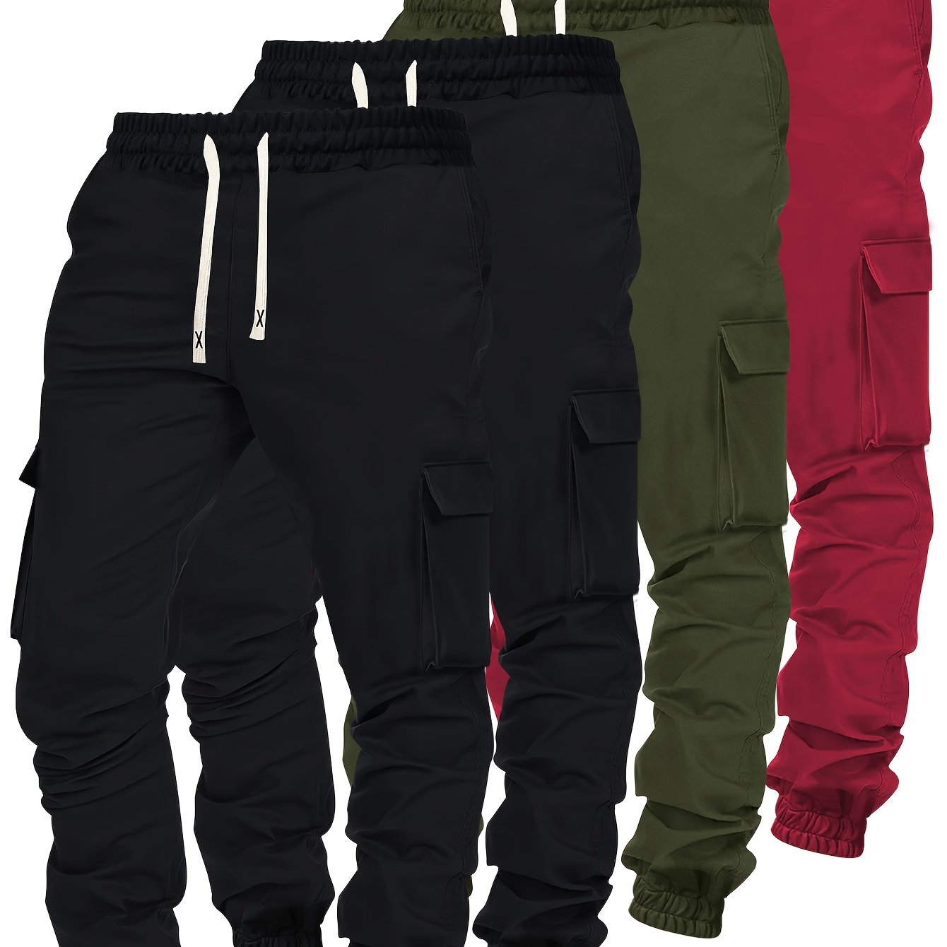 Lot de 4 pantalons cargo homme robustes – Pantalons toutes saisons avec multiples poches, taille à cordon élastique et passants de ceinture, idéaux randonnée, jogging, casual – Lavables en machine (noir/olive/beige/bleu marine) – Coupe régulière