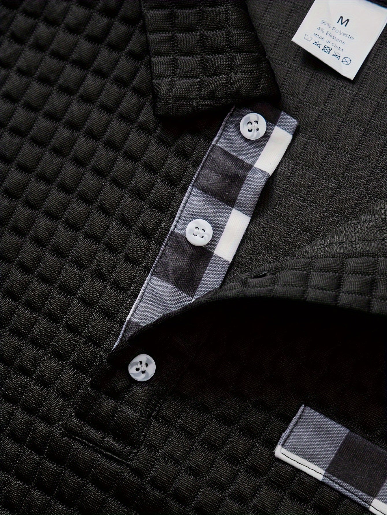 Two Long-Sleeve Polo Shirts with a Digital Print Fabric Featuring a Random Check Pattern, Non-Positioned Plaid Design, Square Check Texture Fabric, Stylish Casual Wear for Everyday Outfits.