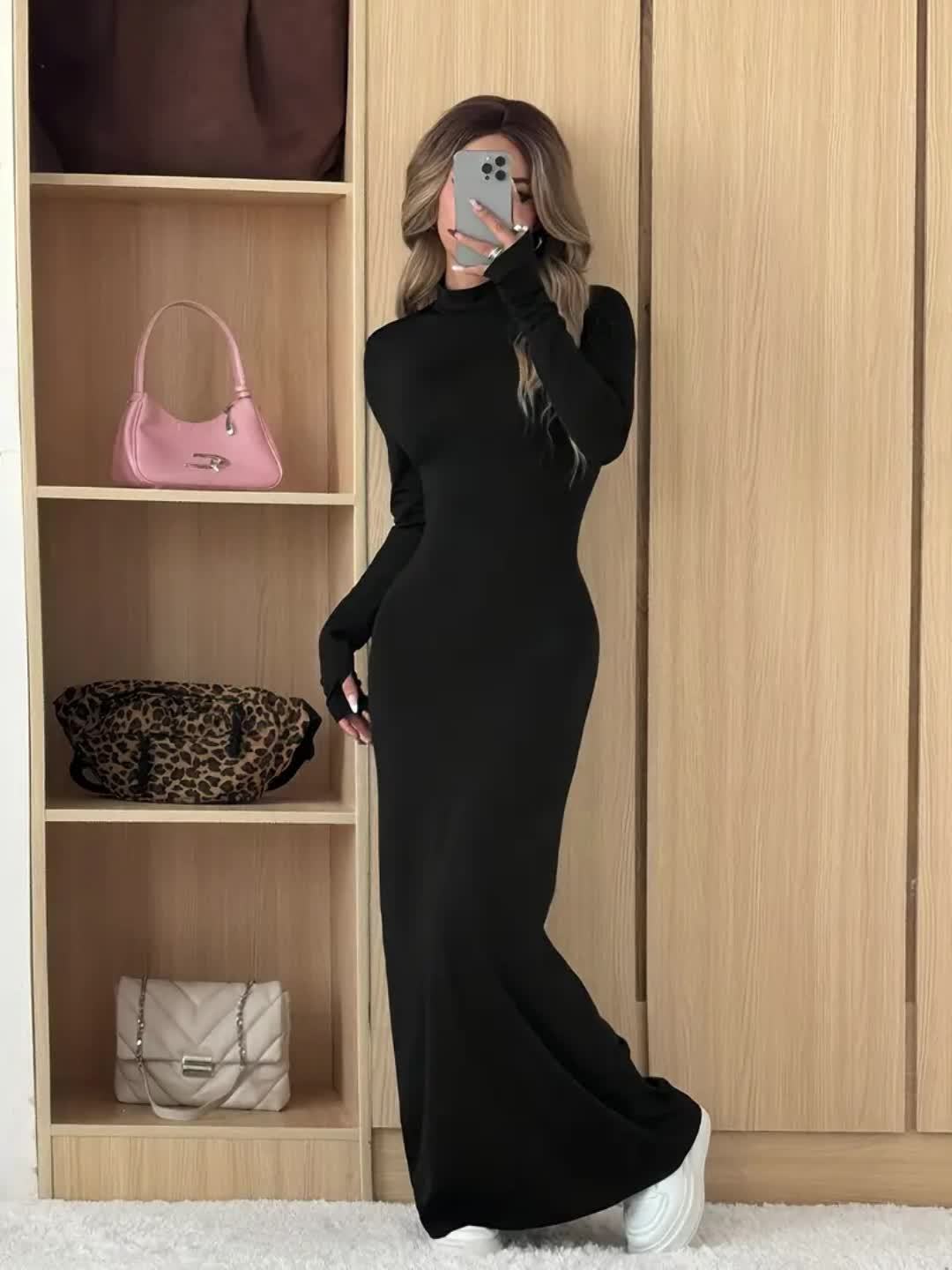 Robe de soirée grande taille femme – longueur au sol, taille haute, manches longues extensibles, coupe A-line, col rond, noire unie, formelle et semi-formelle pour fêtes, mariages et événements professionnels, lavable en machine