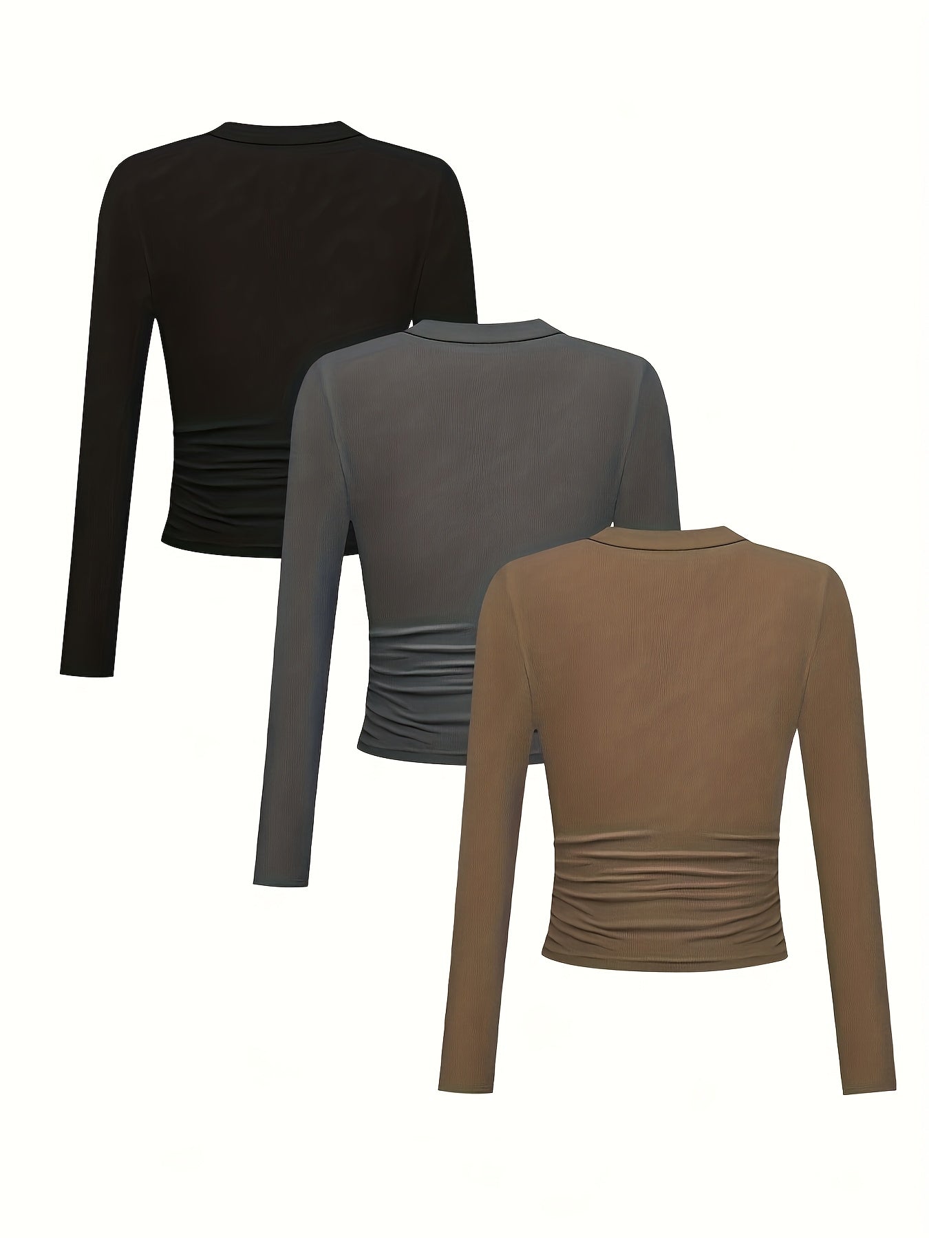 Ensemble 3 t-shirts côtelés col en V manches longues pour femmes – top printemps/automne