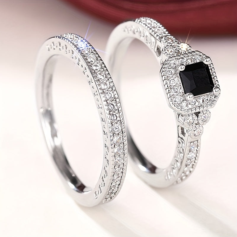 A Pair of Stylish And Luxurious Women'S Rings Featuring Copper Inlaid Synthetic Zirconia Stones, Perfect for High-End Sets, Engagement, And Couple'S Rings, Ideal As Holiday Or Anniversary Gifts.