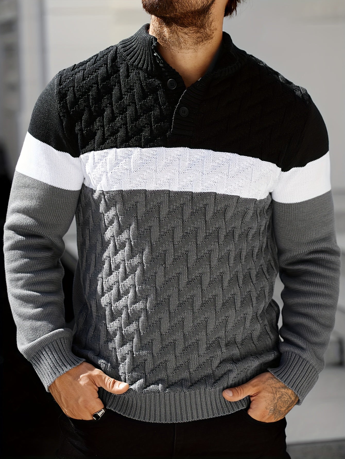 Men'S Casual Stand Collar Pullover Sweater - Stylish Quarter Button Geometric Knit Design, Long Sleeve, Regular Fit for Fall/Winter