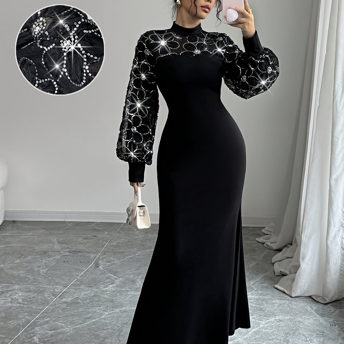 Robe Sirène Élégante Noire – Sequins, Superposition en Mesh Floral, Manches Longues, Taille Ajustée, Longueur Sol, Idéale Soirées et Événements Formels, Automne/Hiver