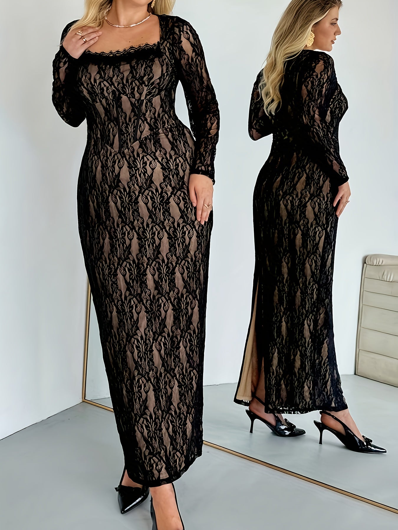 Robe de soirée en dentelle élégante grande taille femme – manches longues, col carré, coupe A-line maxi, bordure en dentelle, pour soirées, mariages et événements formels, lavable en machine, automne/hiver