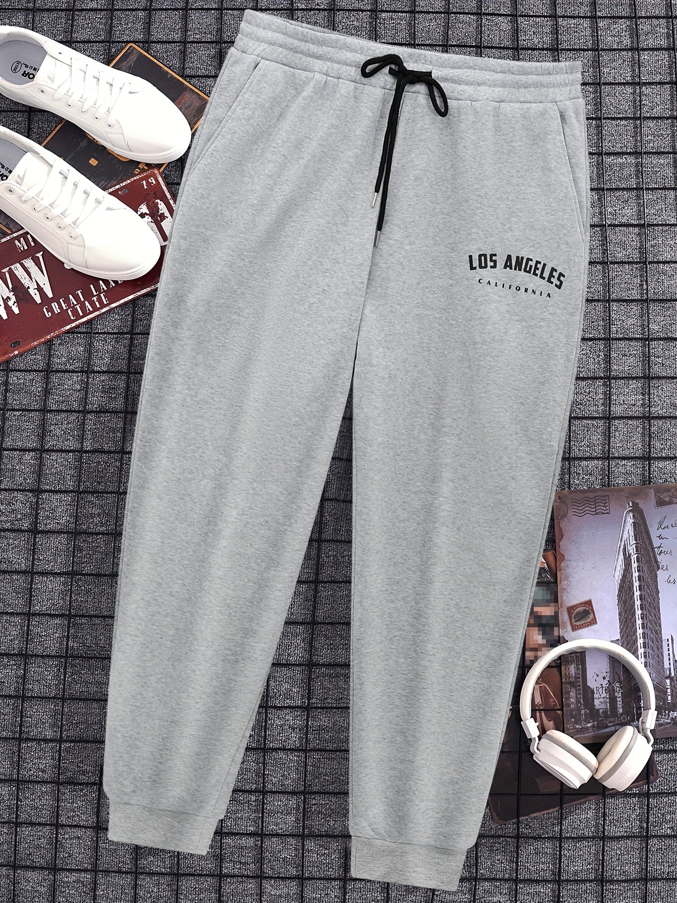 Sweatpants décontractés grande taille pour homme – tissu tricot polyester, coupe ample, légèrement extensible, couleur unie avec imprimé lettres