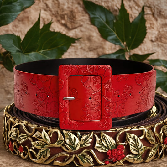 Ceinture large rouge vintage en relief pour femme, ajustable de 69,85 cm à 101,6 cm, idéale pour robes et manteaux, en toutes occasions, du décontracté au formel