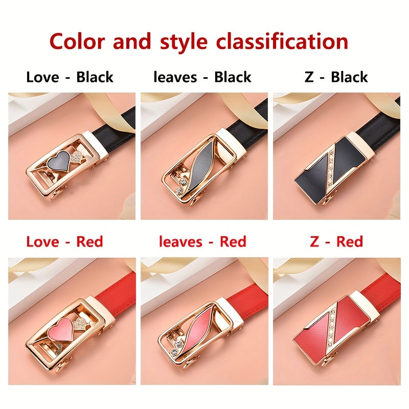 Ceintures pour femmes – Boucle automatique, design polyvalent sans trous, pour jeans et tenues décontractées, options rouge et noir, ceinture décontractée, design de boucle stylée, boucle dorée