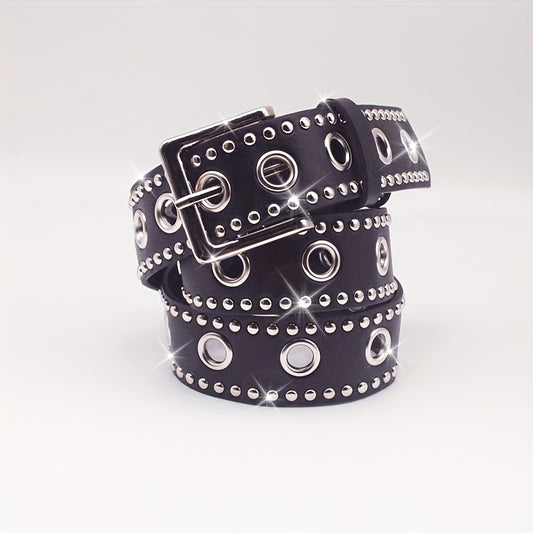 Ceinture punk cloutée à œillets – Ceinture PU noire style hip-hop, tendance pour jeans et pantalons, pour femmes et hommes