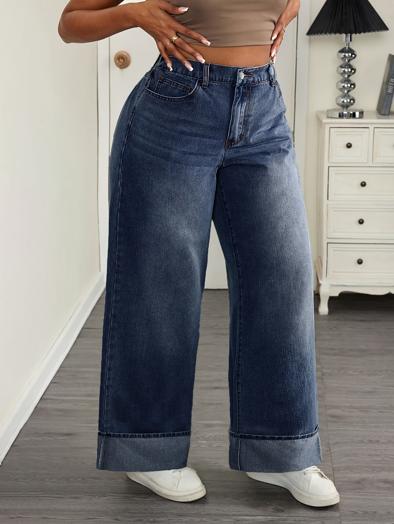 Jeans Femme Grande Taille Jambe Droite Bleu Foncé Non Extensible Fermeture Zippée Toute Saison Polyvalent