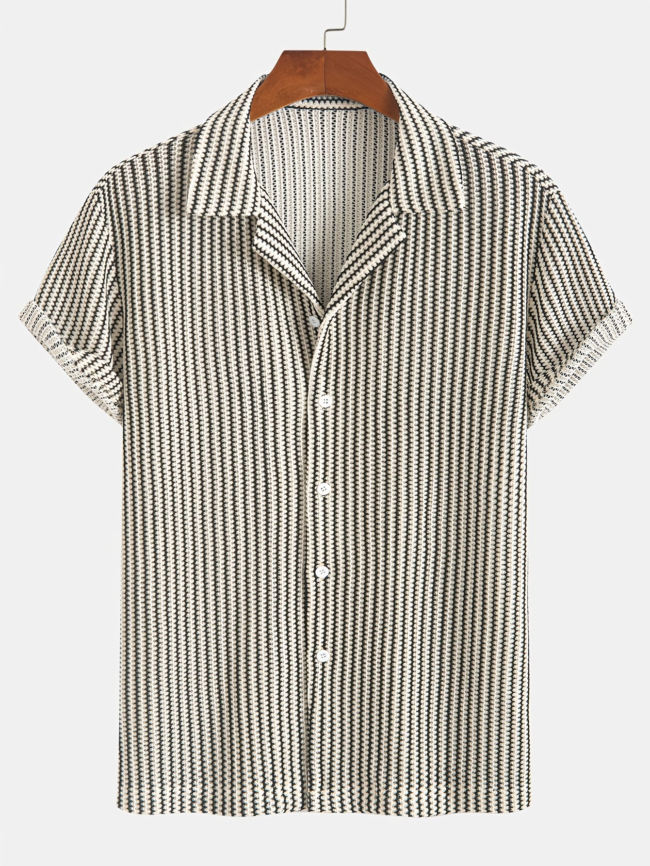 Men's Fashion Classic Personality Beige Brown Interwoven Knit Suit Collar Full Open Button Design, Suitable for Daily Casual Fashion, Simple Outing Commute Street Trend Summer New Short Sleeve Shirt