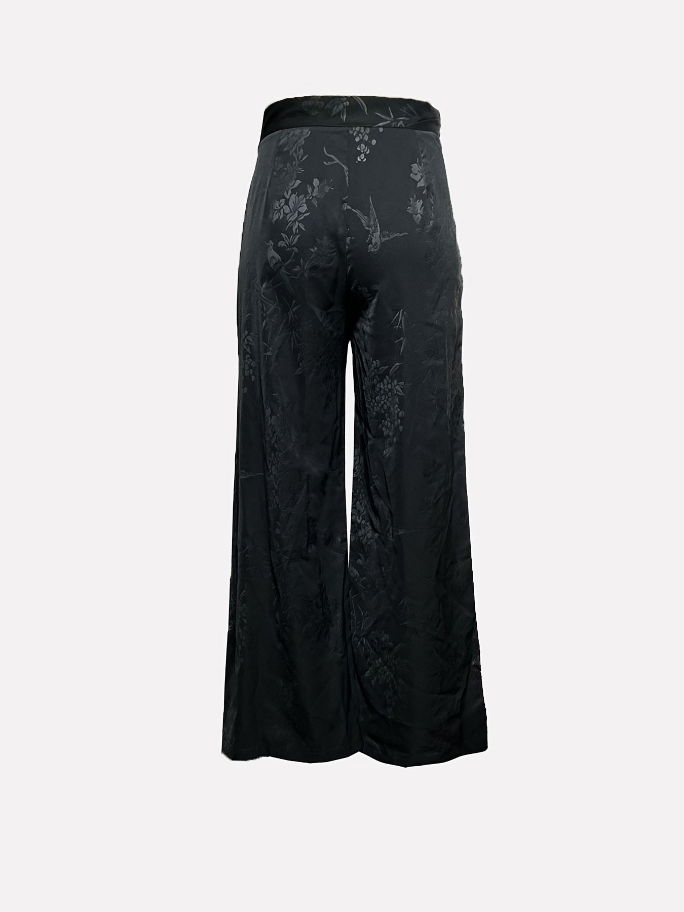 Pantalon Femme Élégant Jambe Large – Noir Uni avec Imprimé Nuages Chinois Blancs, Ourlet Asymétrique, Bureau et Événements Formels, Inspiré Asiatique