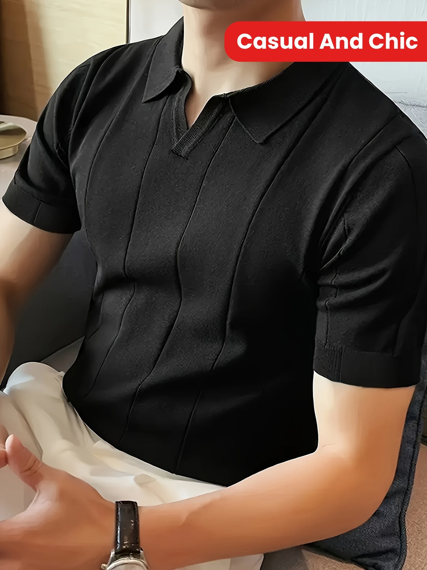 Men'S Solid Color Knitted Short-Sleeve Polo Shirt for Business Casual Wear