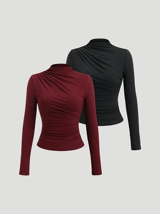 Lot de 2 t-shirts à manches longues pour femmes col montant plissé couche de base manches longues printemps été automne