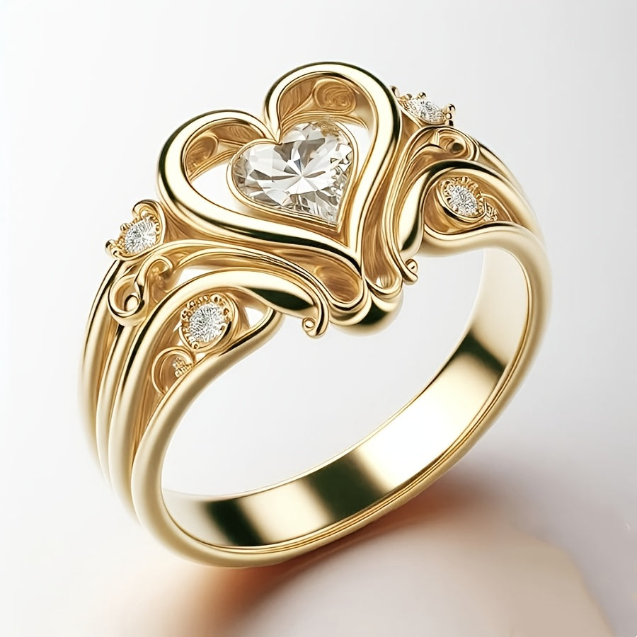 Elegant 18K Golden-Plated Heart-Shaped Copper Ring with Cubic Synthetic Zirconia - Perfect Gift for Valentine'S Day, Birthdays, Christmas & Anniversaries, Romantic Jewelry for Couples