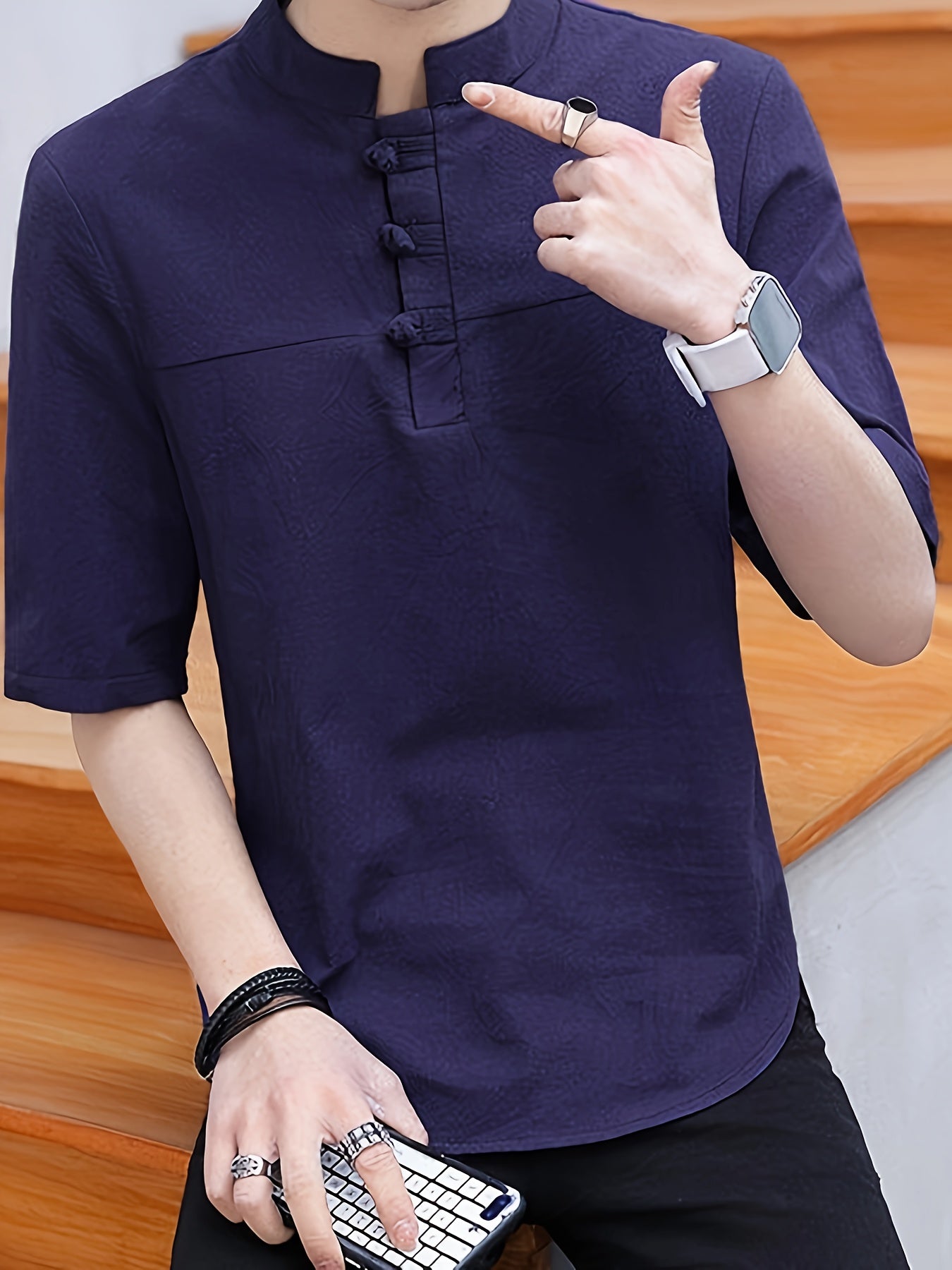 Men's Pure Cotton Chinese Style Stand Collar Top Summer Short Sleeve T-Shirt High End New Traditional