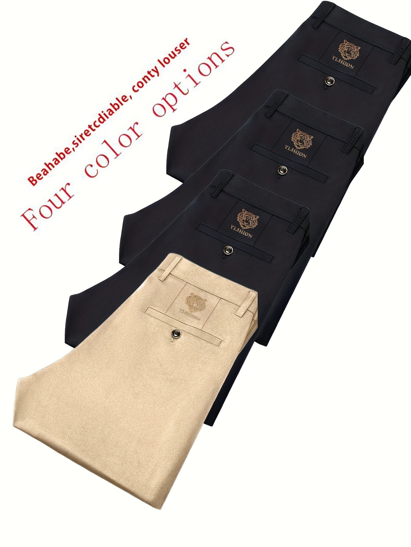 4pcs Pantalons Homme Business Léger – Jambe Droite, Tout Saison, Anti-Rides, Blanc/Noir/Gris/Bleu Marine