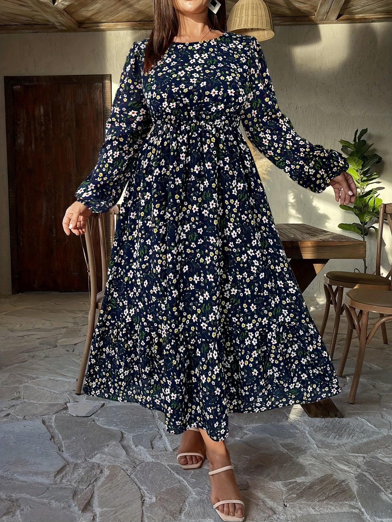 Robe Longue Grande Taille Élégante – Imprimé Floral, Manches Lanternes, Col Rond, Coupe Ample, Tissu Non Extensible, Idéale Printemps/Automne et Soirées Semi-Formelles