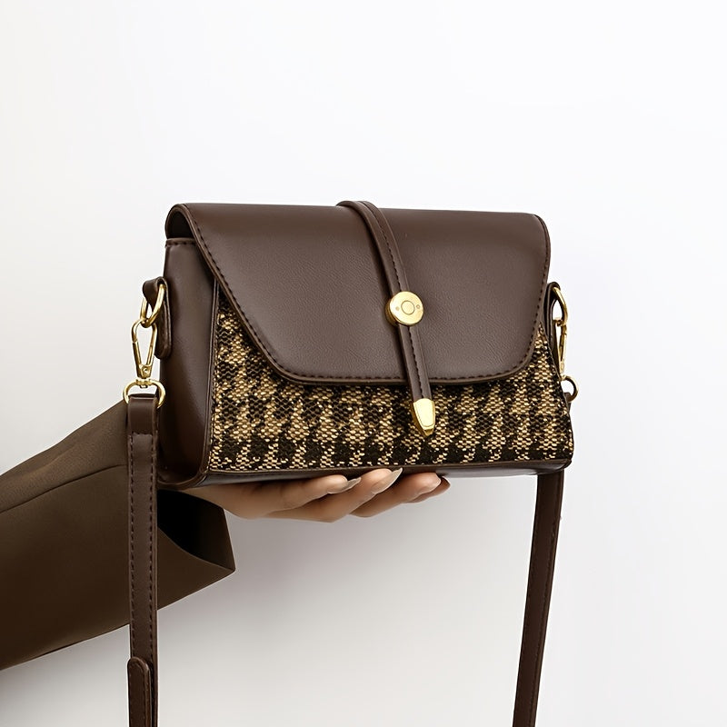 Sac bandoulière élégant – marron foncé uni avec patchwork pied-de-poule, fermeture zippée, doublure polyester, détails de peinture sur les bords, polyvalent pour toutes occasions