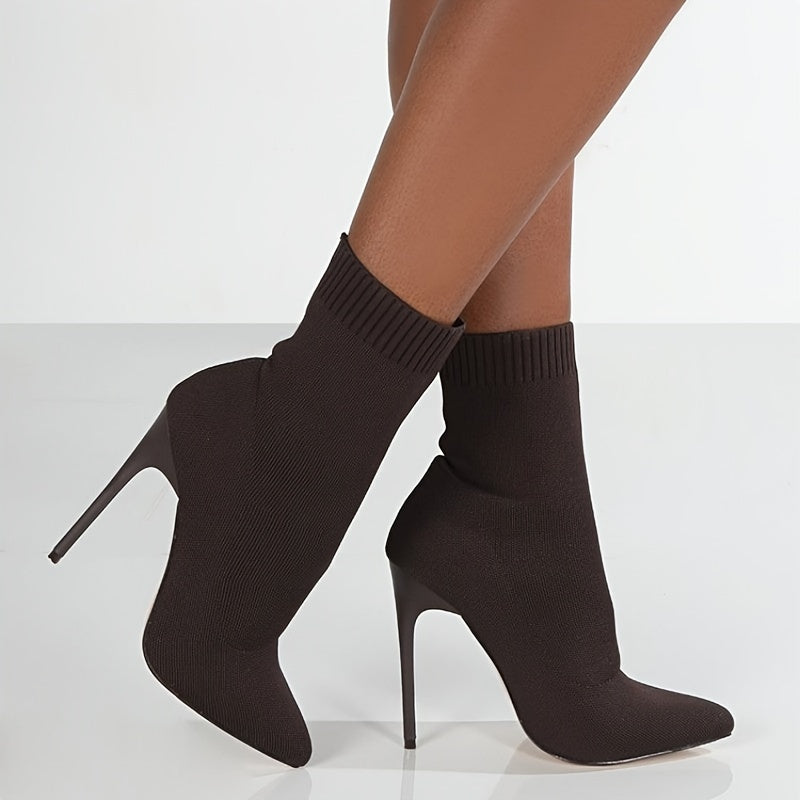 Bottines Femme Rétro Classiques – Tricot Noir, Confortables et Élégantes, Talon Haut Marron Foncé ou Noir, Slip-On Élastique, Adaptées à Tous Types de Morphologie, Style Européen et Américain Simple