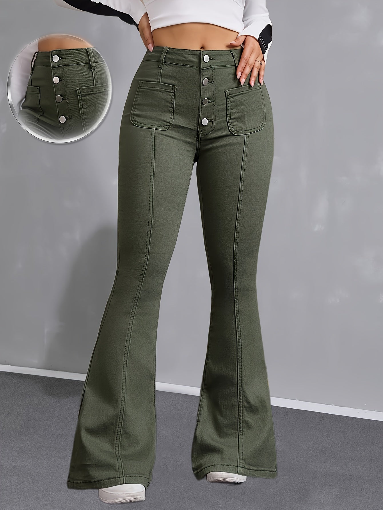 Jeans Femme Taille Haute Vert – Jambe Évasée, Extensible, Boutonnage Simple