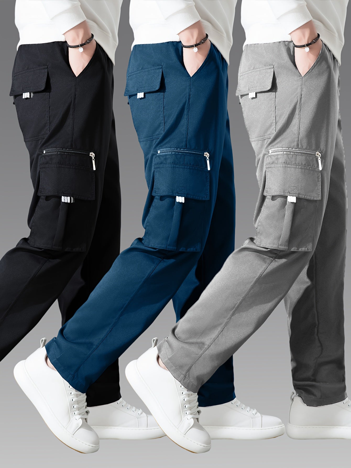Pantalons cargo pour homme (3 pièces) – multi-poches, coupe décontractée, tissu non extensible durable, confort toutes saisons, idéal tenue décontractée et activités outdoor (noir/bleu marine/gris)