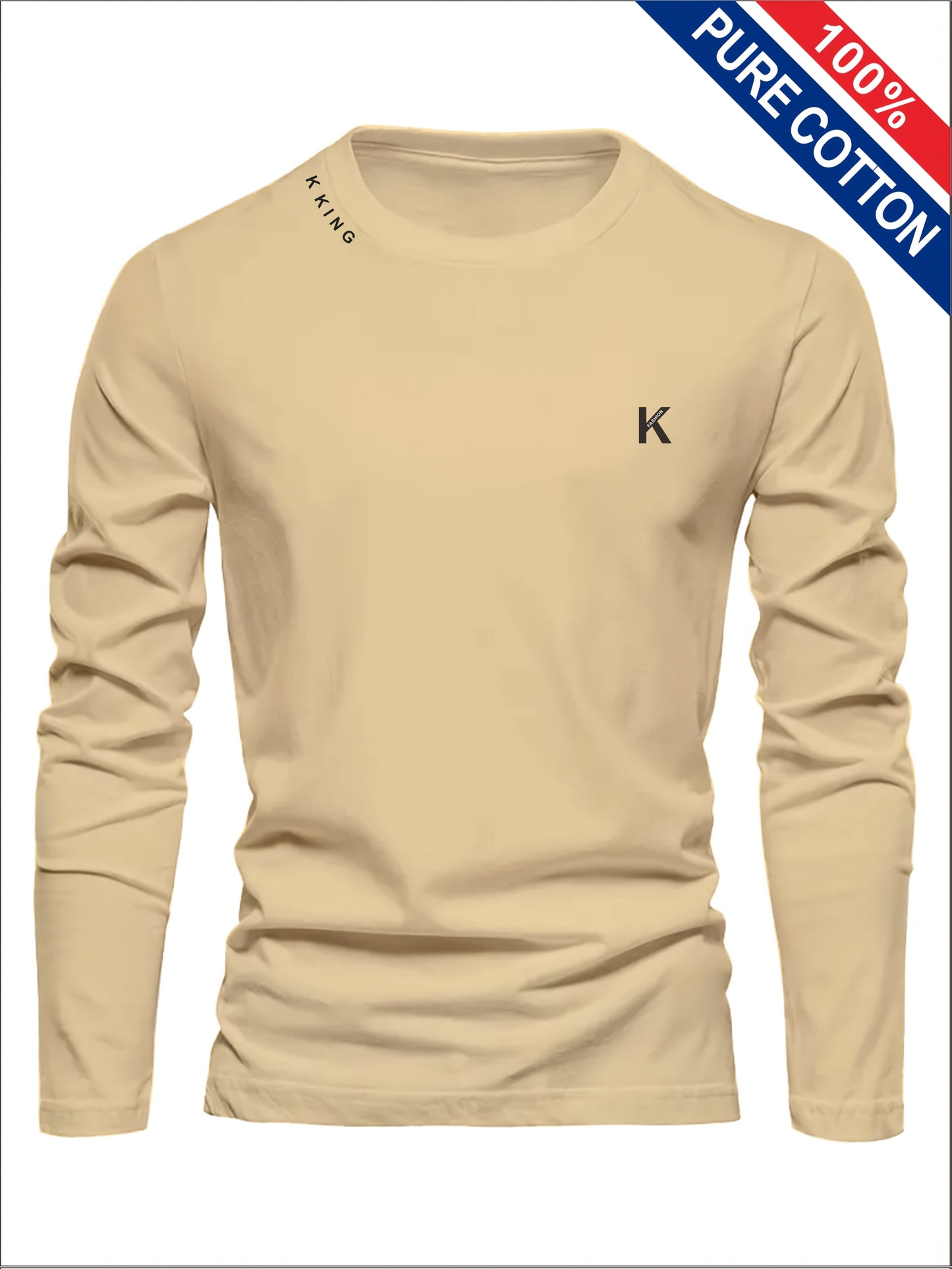Men's pure cotton long sleeved T-shirt with letter print, casual round neck, breathable sports top, comfortable regular style, fashionable, ideal gift for outdoor activities, regular sleeve length, suitable for all seasons