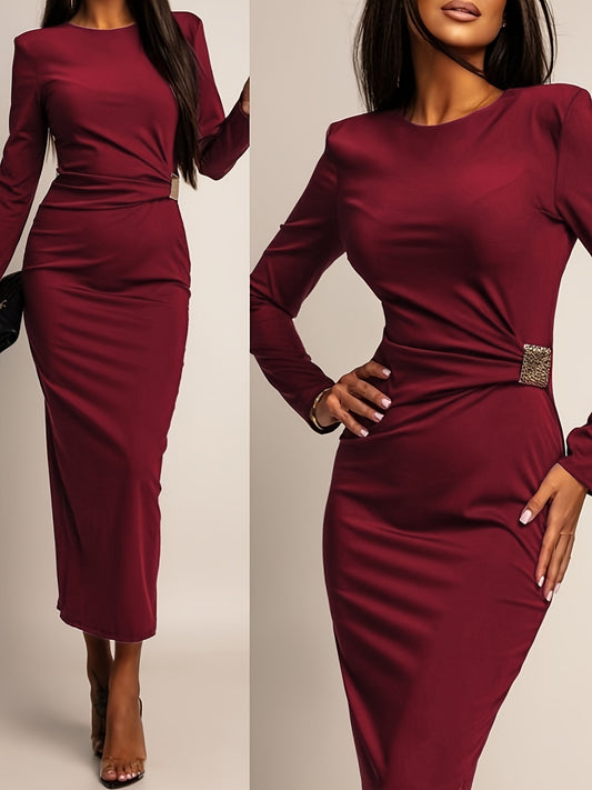 Robe Élégante Couleur Unie A-Line — Coupe Slim, Manches Longues, Col Rond, Taille Smockée avec Fente à l’Ourlet, Coupe Structurée et Silhouette Flatteuse, Parfaite pour Mariages et Soirées