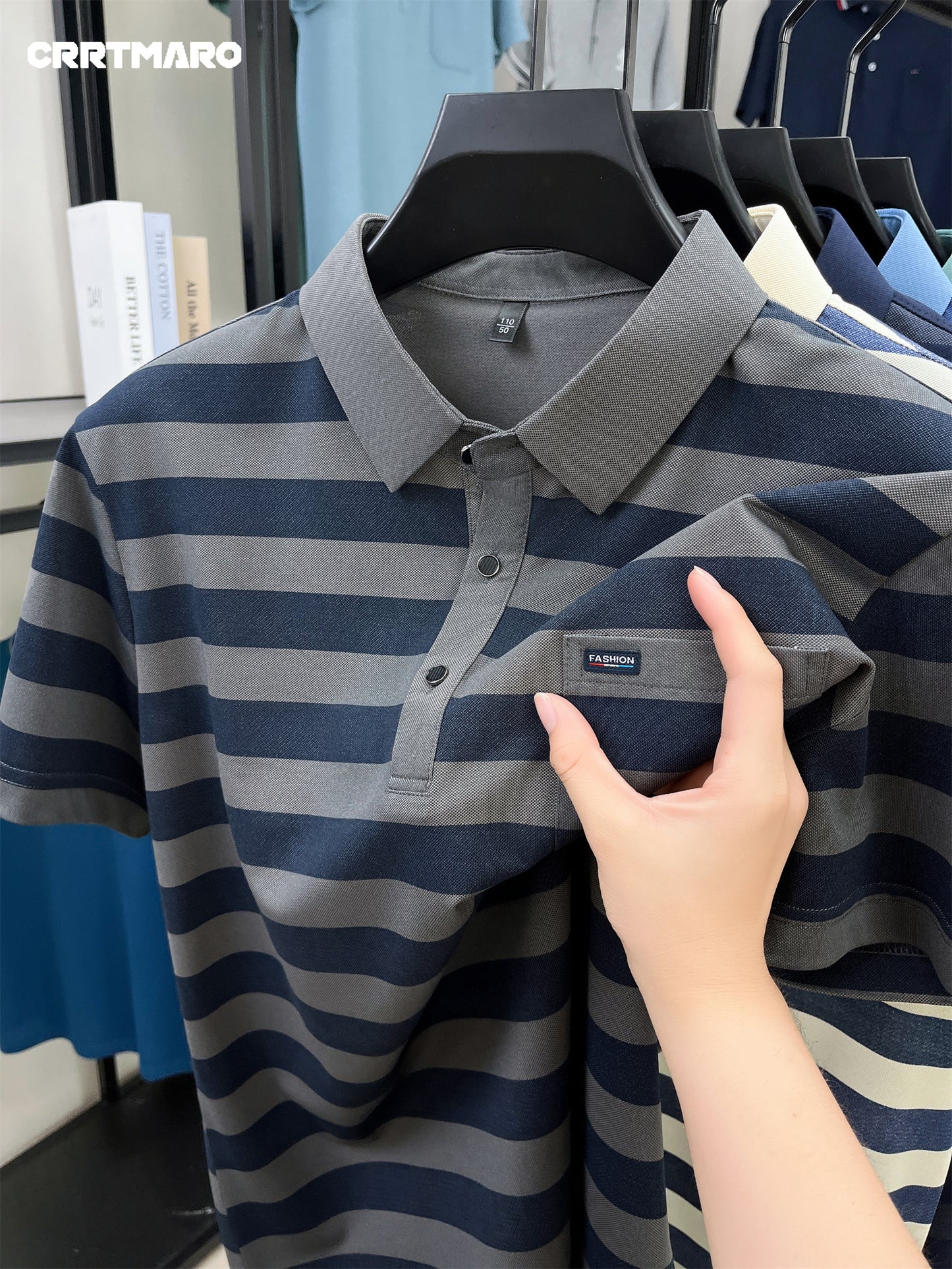 Men'S CRRTMARO Summer Striped Short Sleeve Polo Shirt with Chest Pockets - Casual, Button-Up, Regular Fit, Slight Stretch Fabric, Ideal for Hot Weather, Casual Summer Wear|Striped Pattern|Polyester Fabric