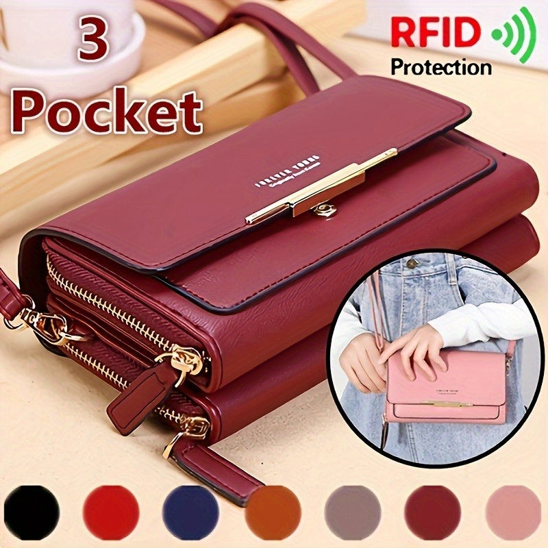 Sac à main pour femmes – Porte-monnaie, porte-cartes et téléphone, 9 couleurs au choix, couleur unie, protection RFID, bandoulière réglable