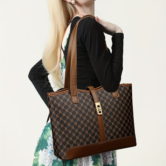 Sac cabas grande capacité pour femme – Café et gris, ferrures dorées, fermeture éclair, anses solides, bandoulière détachable, élégant pour travail et voyage