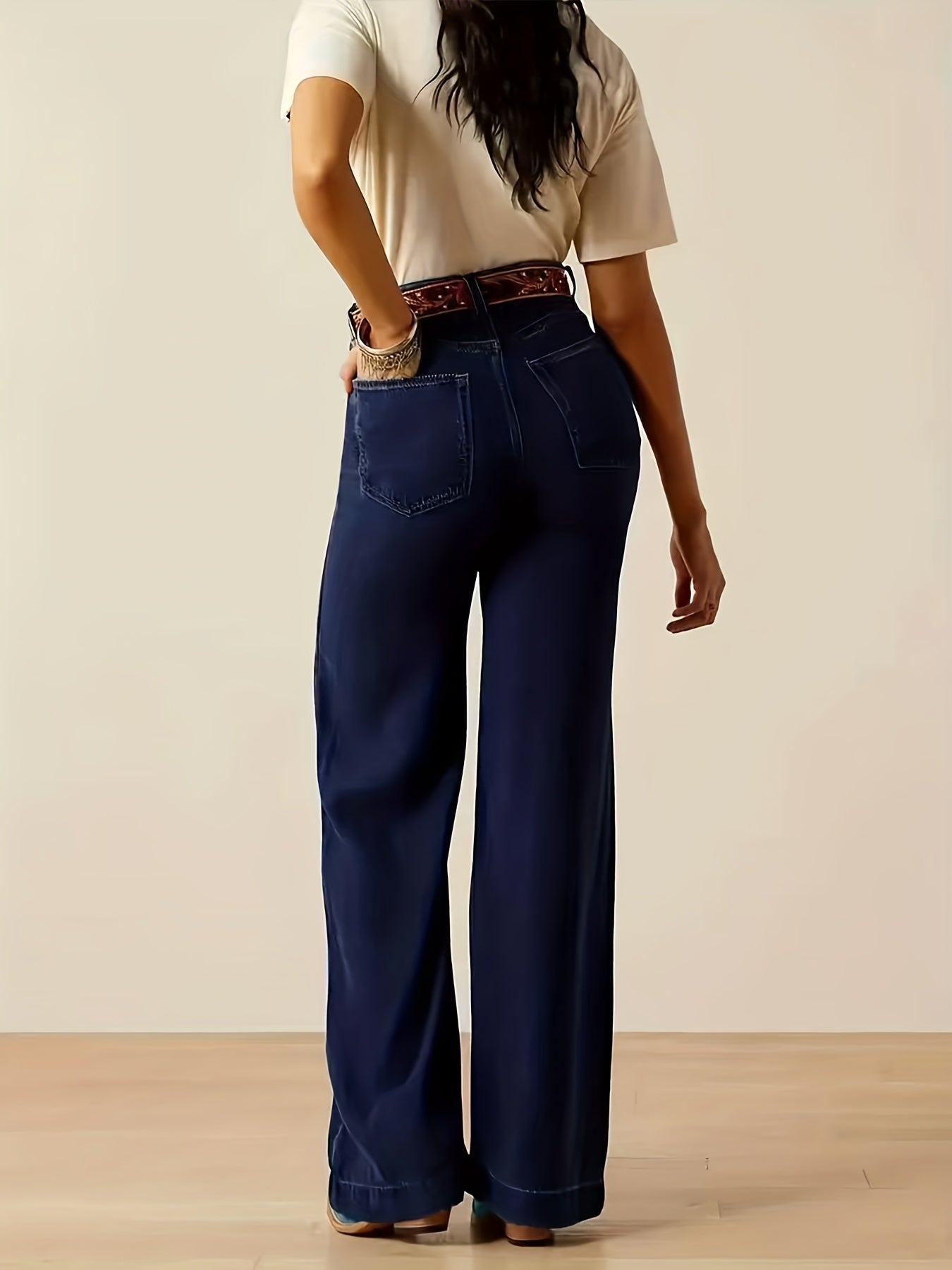 Jeans Femme Jambe Large Extensible Non Transparent Bleu Foncé Effet Usé Zippé Toute Saison Polyvalent Élégant