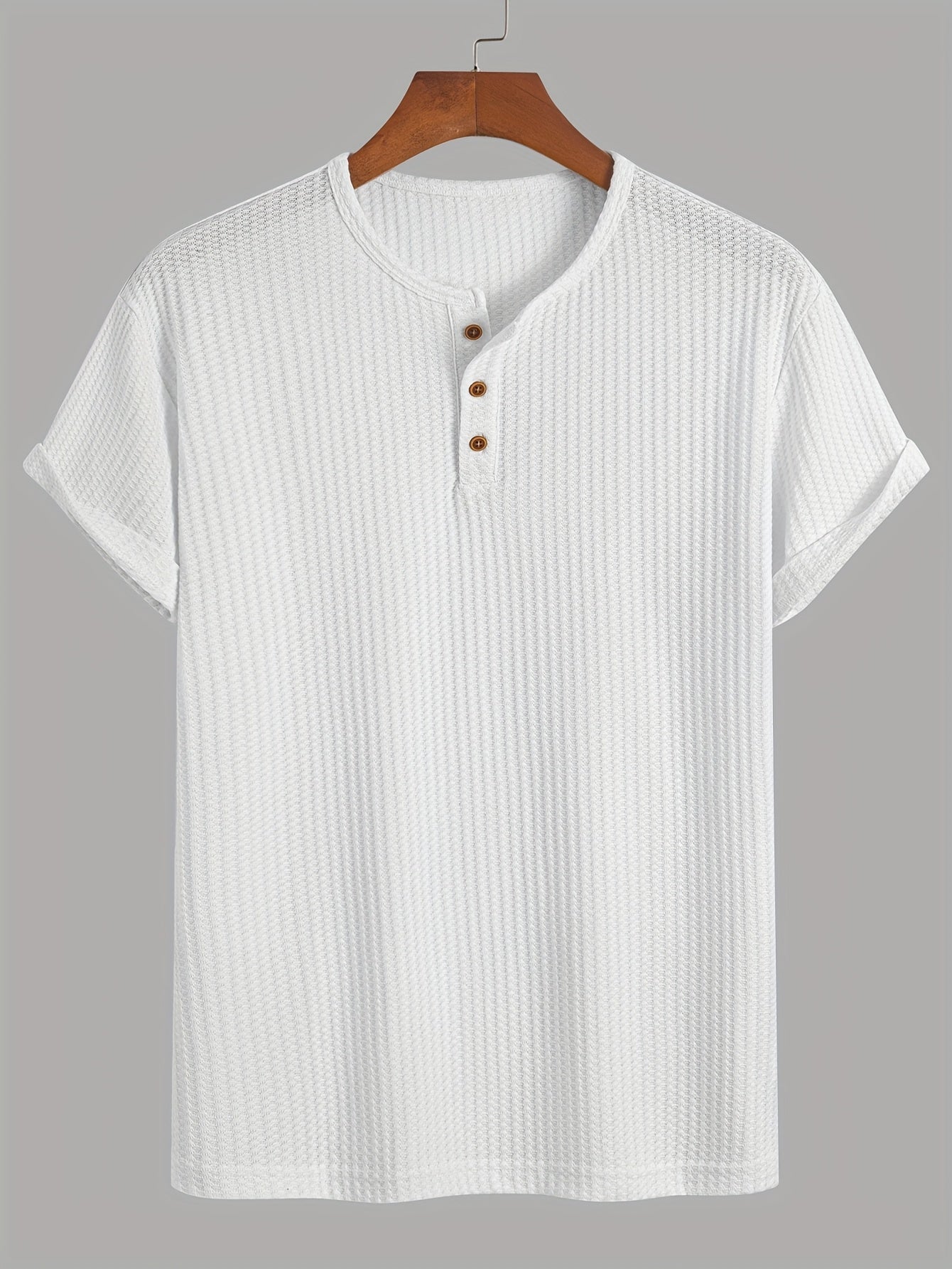 A Summer Short-Sleeve Cardigan T-Shirt with a Fine Check Pattern And Round Neck, Featuring a Knitted Jacquard Texture.