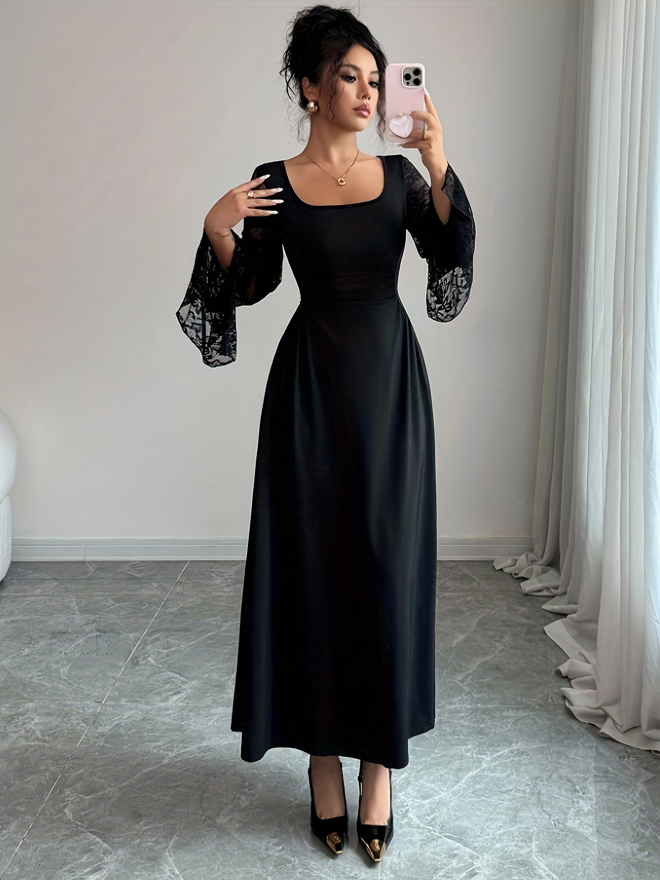 2025 New Fall/Winter Vintage Black Lace Tulle Square Neck Bell Sleeves Split Long-Sleeve Maxi Dress | Elegant Fit and Flare Silhouette with Contrast Lace Details