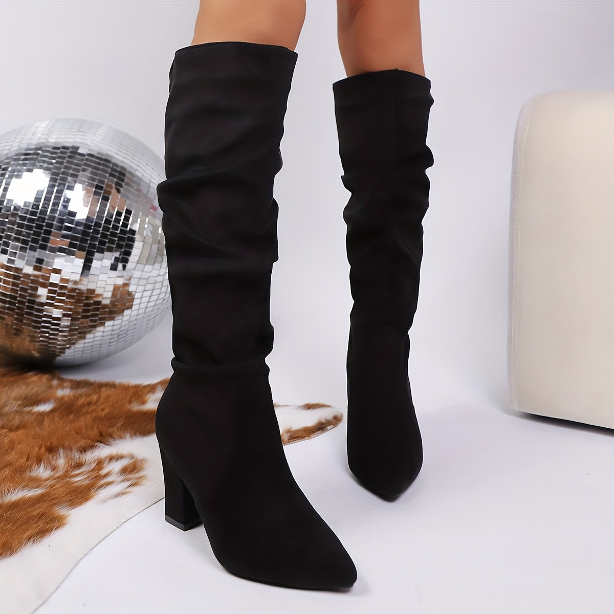 Bottes Sexy Femme à Talons Aiguilles – Montantes au Genou avec Effet Froncé, Dessus Tissu Couleur Unie, Bout Pointu, Semelle en Caoutchouc, Doublure et Semelle Intérieure en PU, Enfilage Facile, Bottines Décontractées Automne Toute Saison