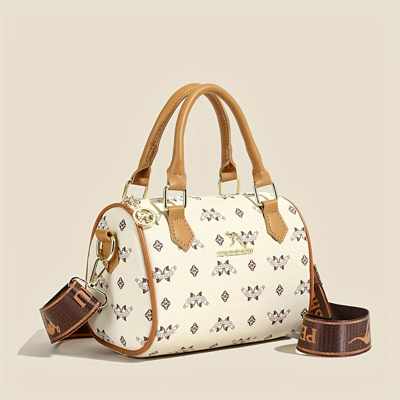 Sac vintage géométrique – sac élégant bicolore marron et blanc, bandoulière réglable, fermeture éclair, design rétro chic