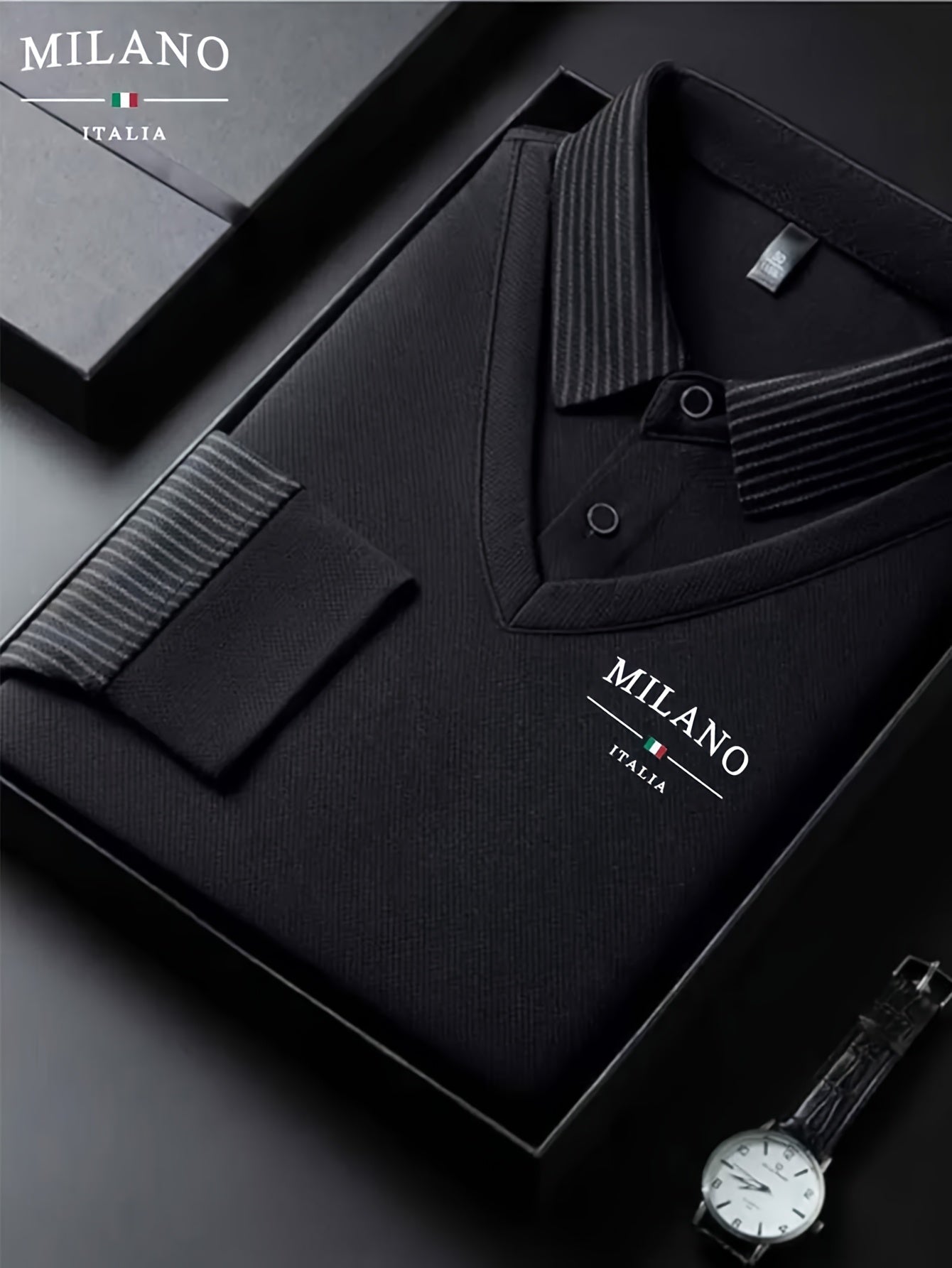 Men'S Faux Two-Piece Shirt Collar Knitwear, a Business Casual Striped Patchwork Top Featuring a Milano Letter Print Design, Available in Various Colors. It Has a Gray And Golden Contrasting Collar And Cuffs, a Simple Solid Co