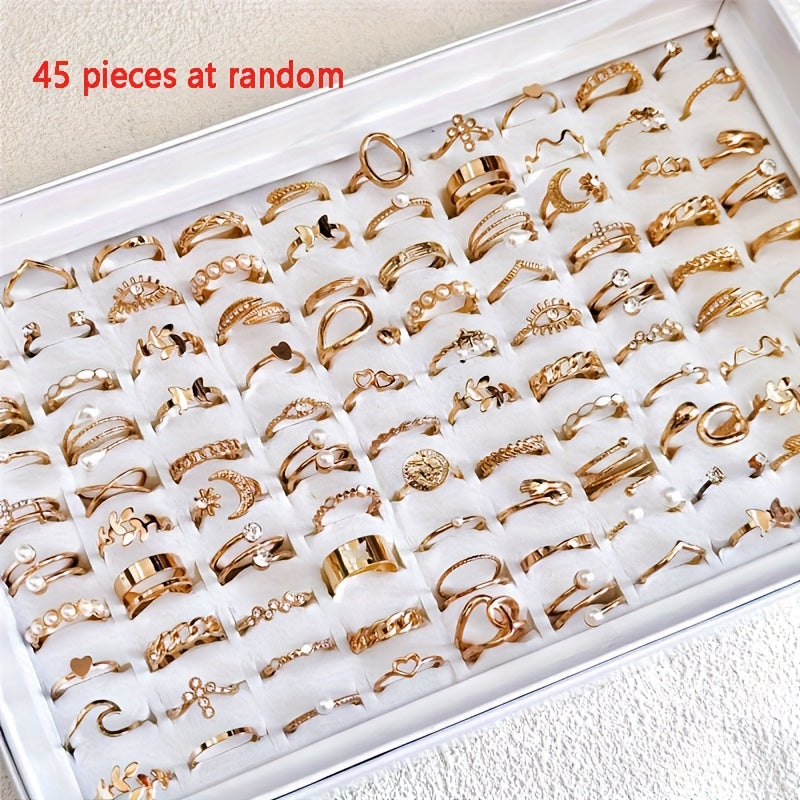 A Set of 45 Stylish And Elegant Rings for Women, Featuring a Vintage Bohemian Design with Faux Gemstones And an Open Design, Perfect for Daily Wear, Parties, Vacations, And As Holiday Gifts (Without a Box). This Mixed-Style S