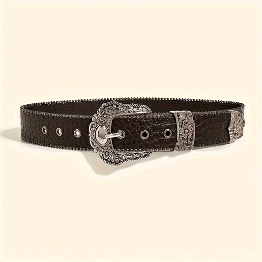 Ceinture western en PU avec boucle à ardillon – Cuir embossé, style vintage décontracté, ceinture taille pour jeans, robes et pantalons, accessoire pour femmes
