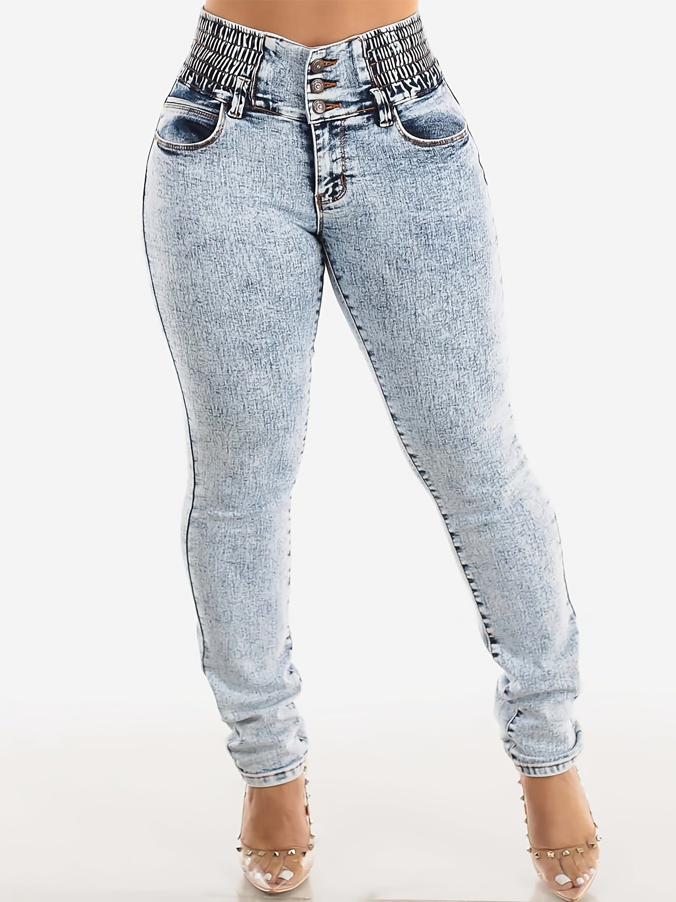 Jean skinny taille haute pour femme, denim uni à effet flocons, style urbain, toutes saisons, tissu stretch, tissage serré, ceinture à 3 boutons avec ceinture intégrée