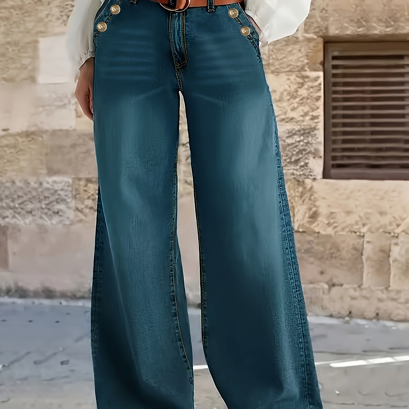 Jeans Femme Élégant Jambe Large Taille Mi-Haute Sans Ceinture Boutons Poches Durables Extensible Toute Saison Décontracté et Professionnel Bleu Lavable