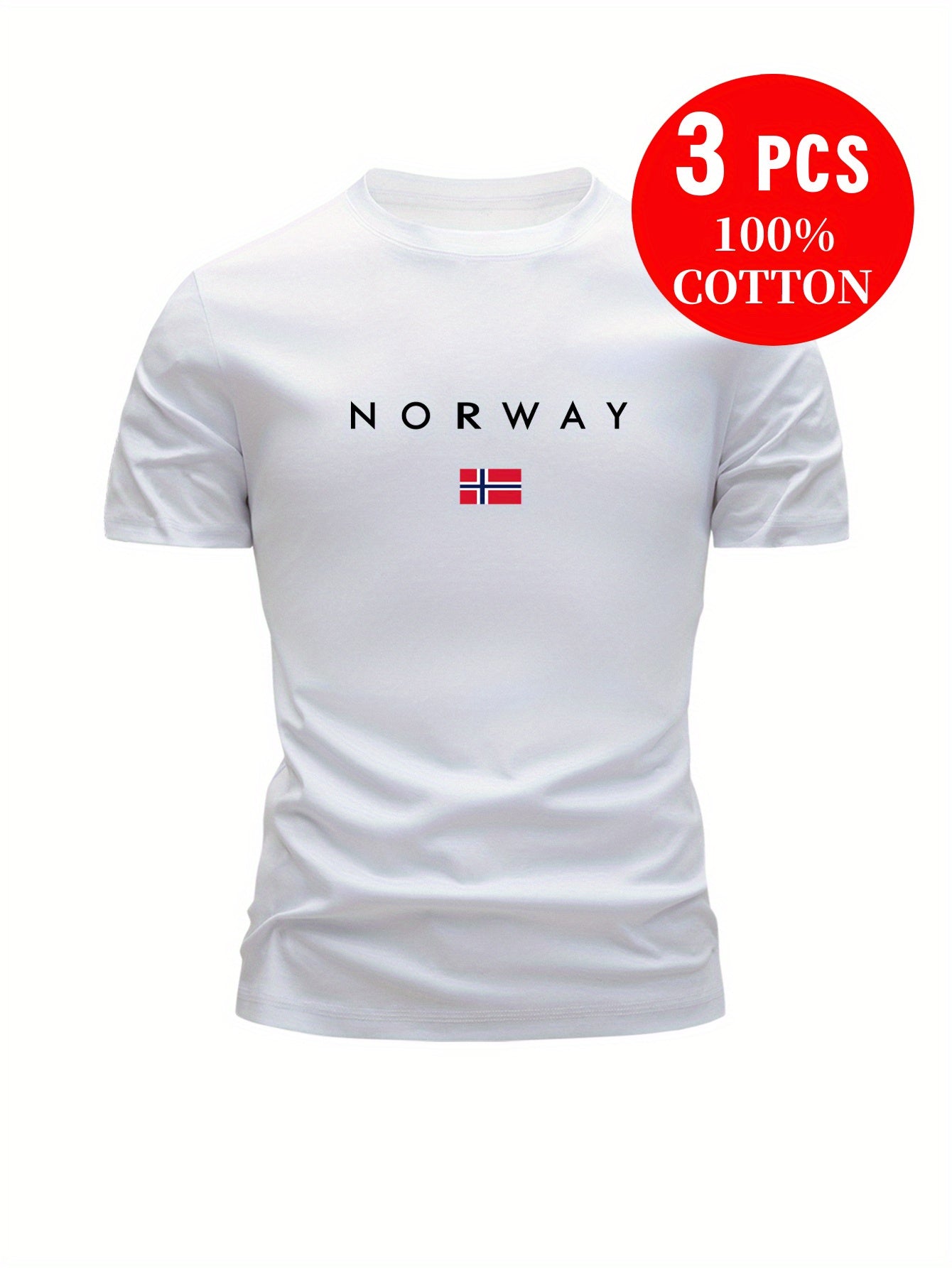 3pcs Men'S 100% Cotton T-Shirts - Breathable & Sweat-Wicking, Slim Fit Crew Neck Tops with "NORWAY" Graphic Print, Lightweight Summer Casual Tees in Light Blue, White, & Black, Cotton T Shirts, Sweat-Resistant