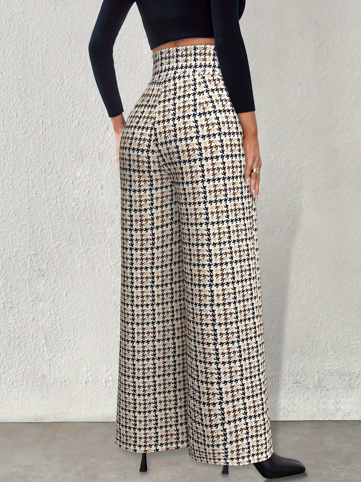 Pantalon Femme Élégant Taille Haute – Jambe Large, Motif Pied-de-Poule, Double Boutonnage, Beige et Noir, Bureau et Décontracté