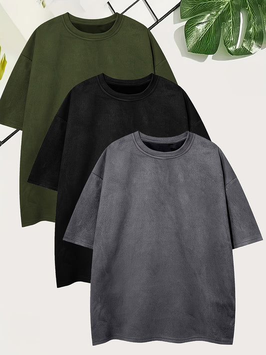 Pearson OBM Men'S Casual Loose Solid Color Faux Suede T-Shirt Set of 3, Short-Sleeve Round Neck Comfortable Tops.