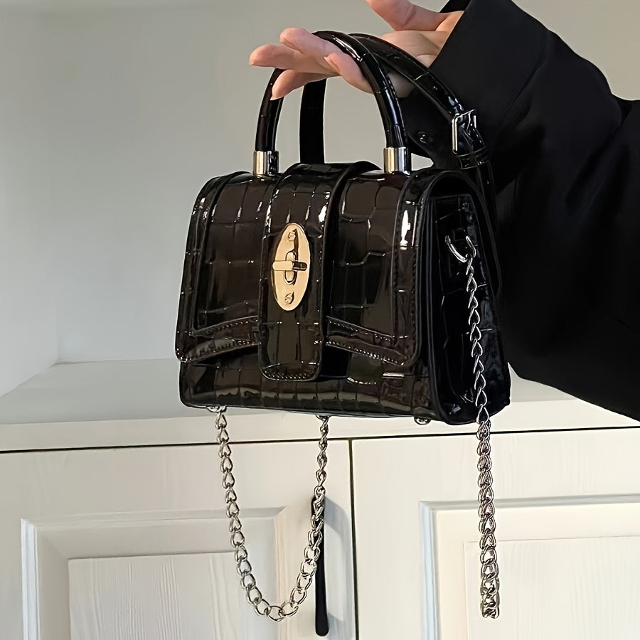 Sac à main effet crocodile brillant pour femme, bandoulière chaîne amovible, fermeture dorée, petit sac à main léger et durable, noir