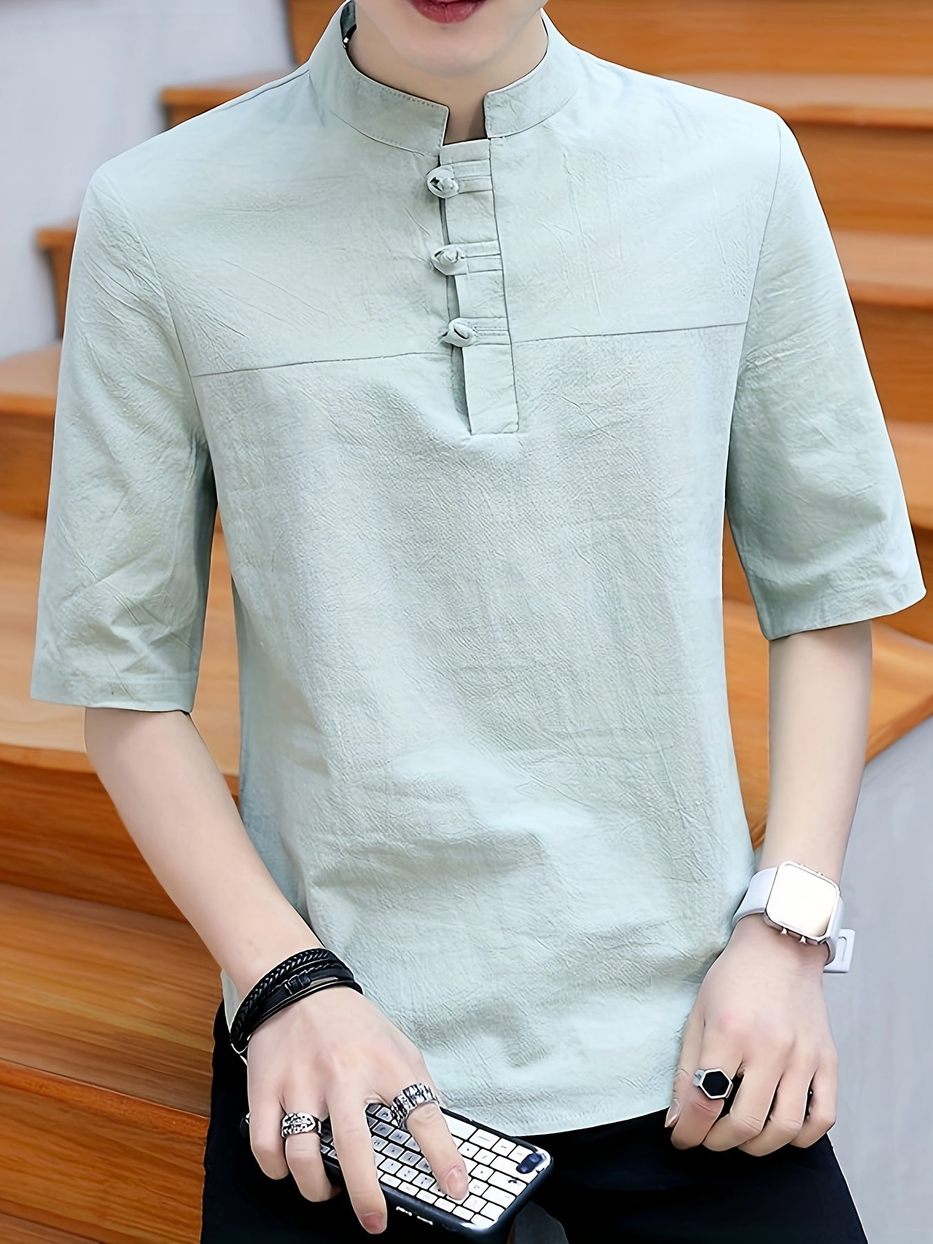 Men's Pure Cotton Chinese Style Stand Collar Top Summer Short Sleeve T-Shirt High End New Traditional