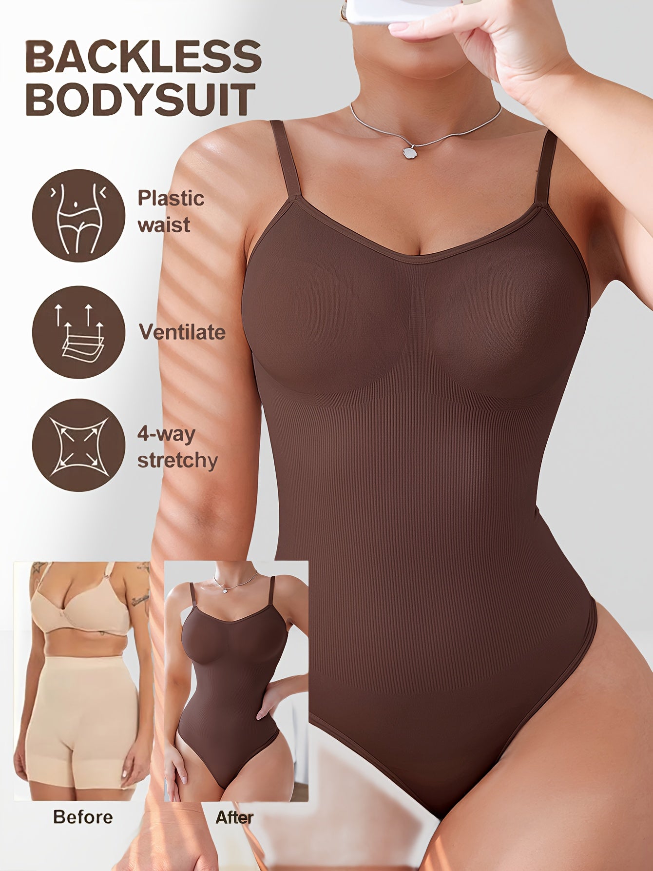 Body femme élégant couleur unie, dos nu, maintien élevé avec contrôle du ventre et effet amincissant, mélange nylon-élasthanne, parfait pour tenue décontractée