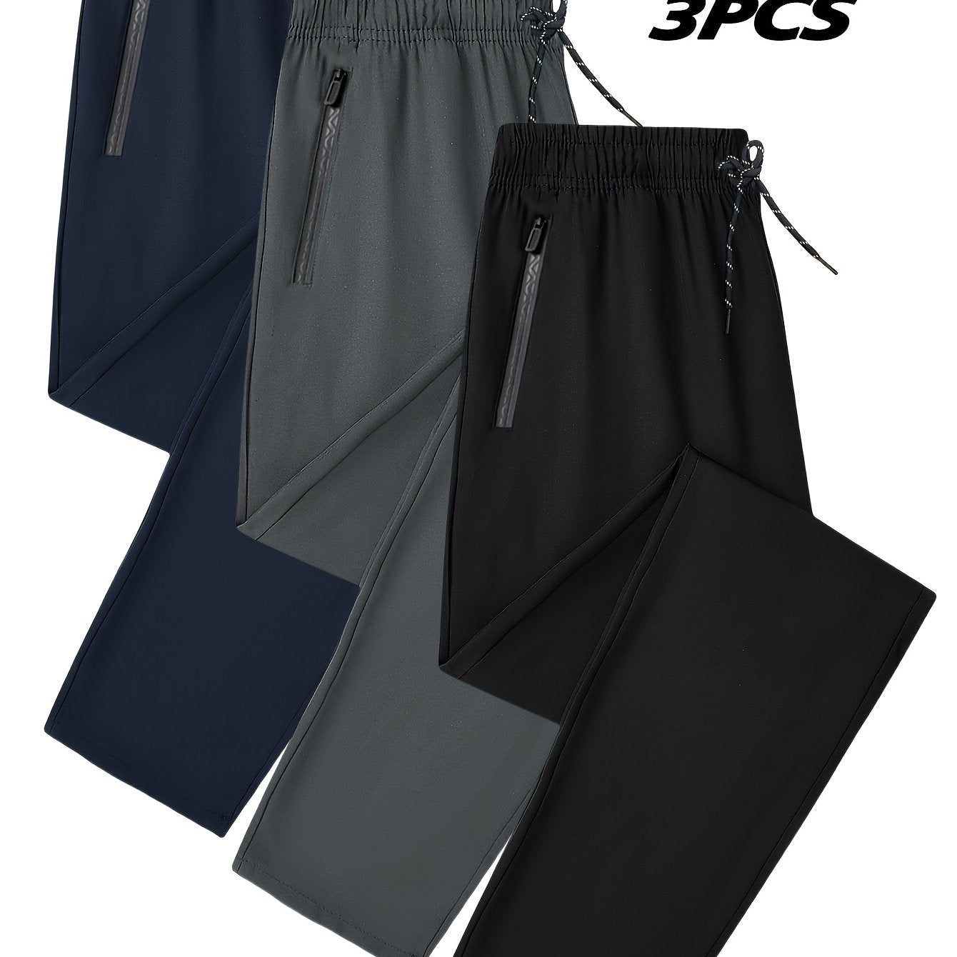 Joggers décontractés grande taille pour homme (3 pièces) – taille élastique avec cordon ajustable, poches zippées, coupe ample, lavables en machine, idéals pour sport et mi-saison (bleu marine/gris foncé/noir)