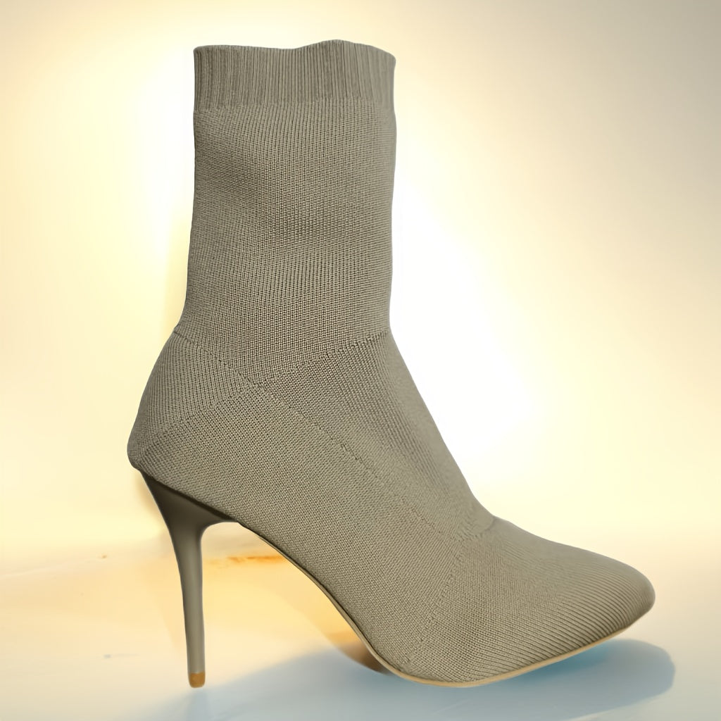 Bottines Femme Rétro Classiques – Tricot Noir, Confortables et Élégantes, Talon Haut Marron Foncé ou Noir, Slip-On Élastique, Adaptées à Tous Types de Morphologie, Style Européen et Américain Simple